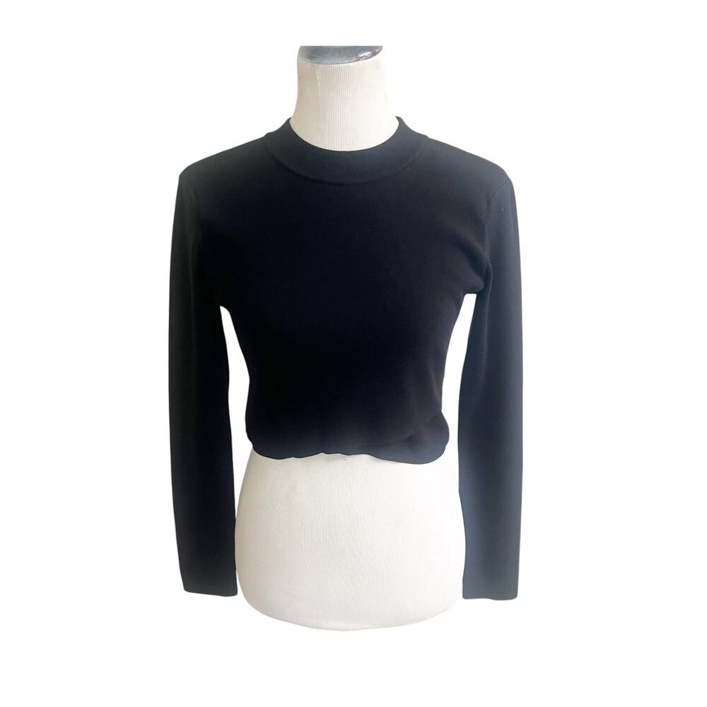 A.L.C. Crop Sweater Top Women's Medium Black Ribbed Crew Neck Long Sleeve Preppy